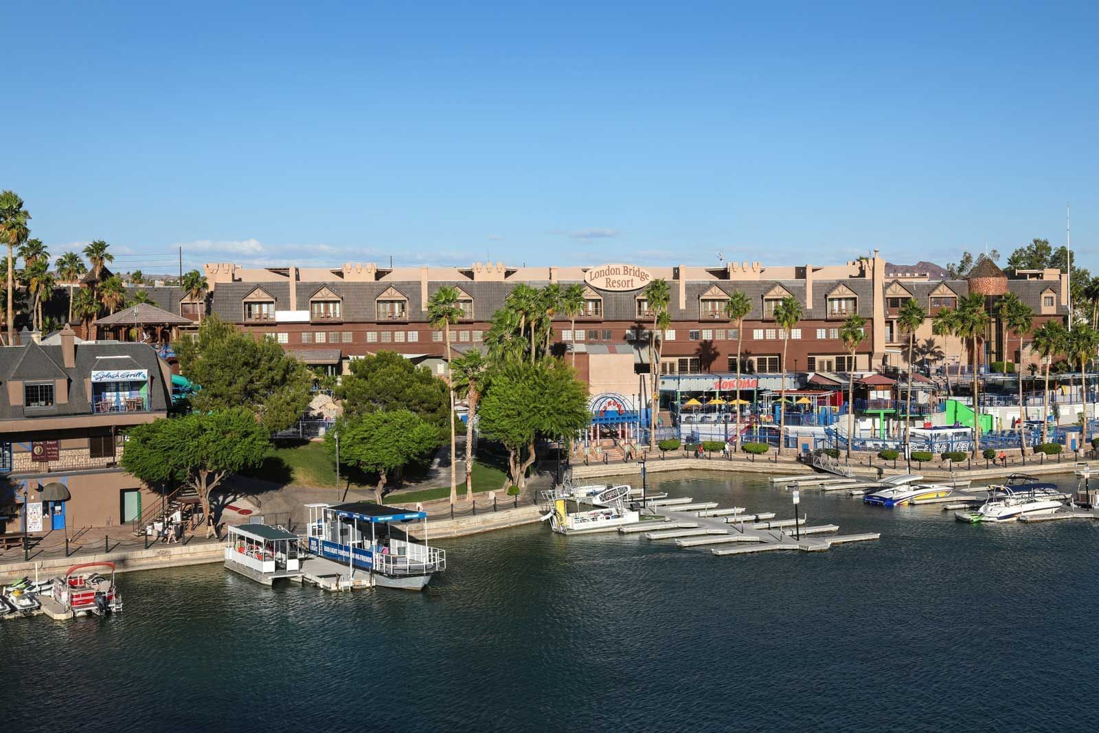London Bridge Resort and docks viewed from the London Bridge, Lake Havasu City Arizona